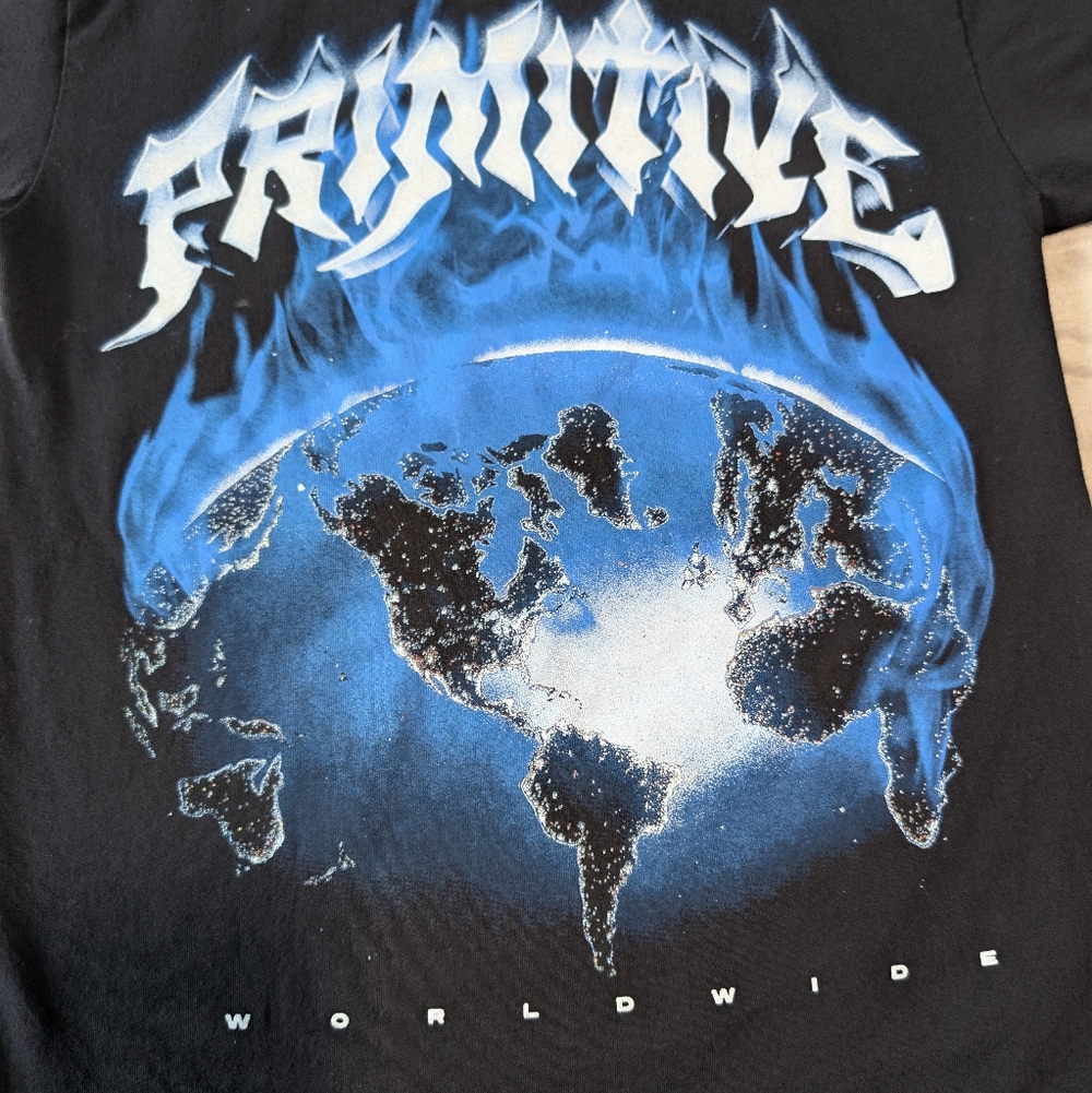 Primitive Worldwide Skateboard Black Blue Graphic Metal Punk Tee Alt Shirt Sz S image 2